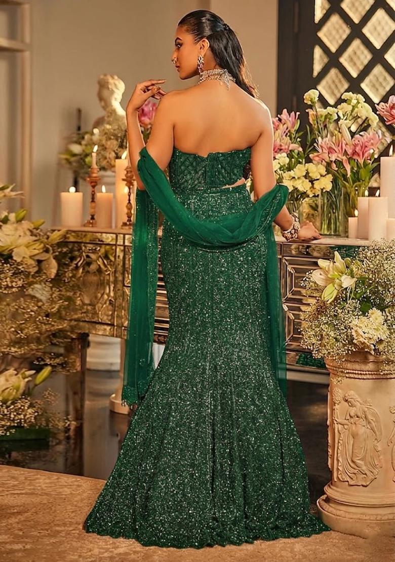 Green Embroidered Bridal Lehenga Set - Indya