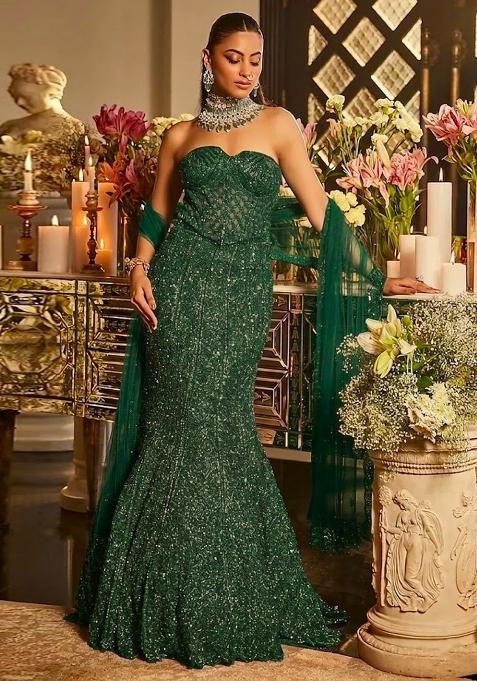 Green Embroidered Bridal Lehenga Set — view on Indya