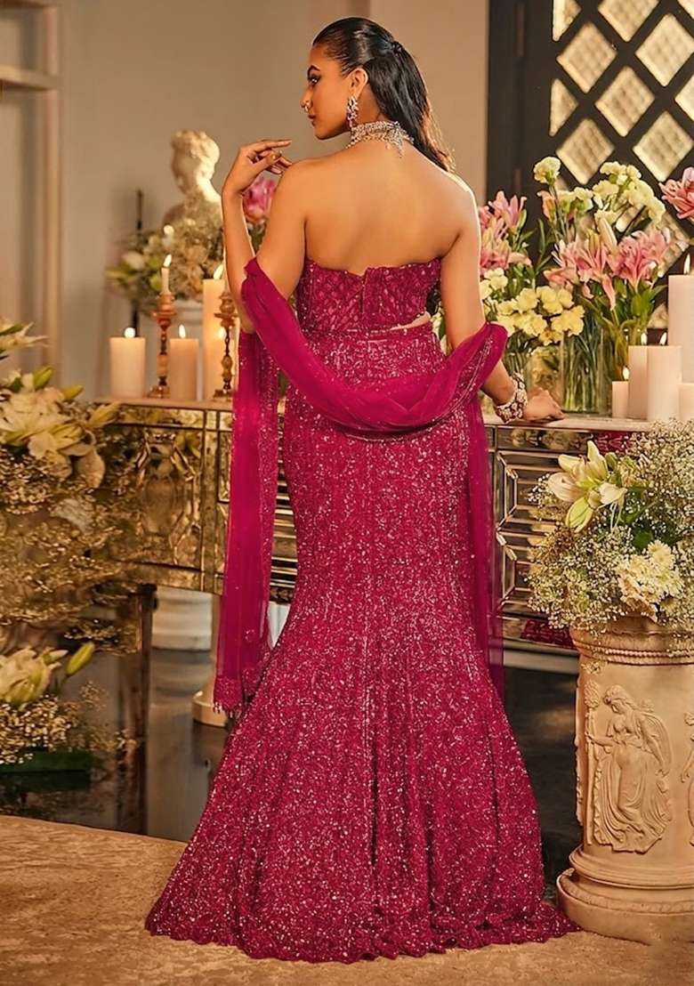 Magenta Embroidered Bridal Lehenga Set - Indya