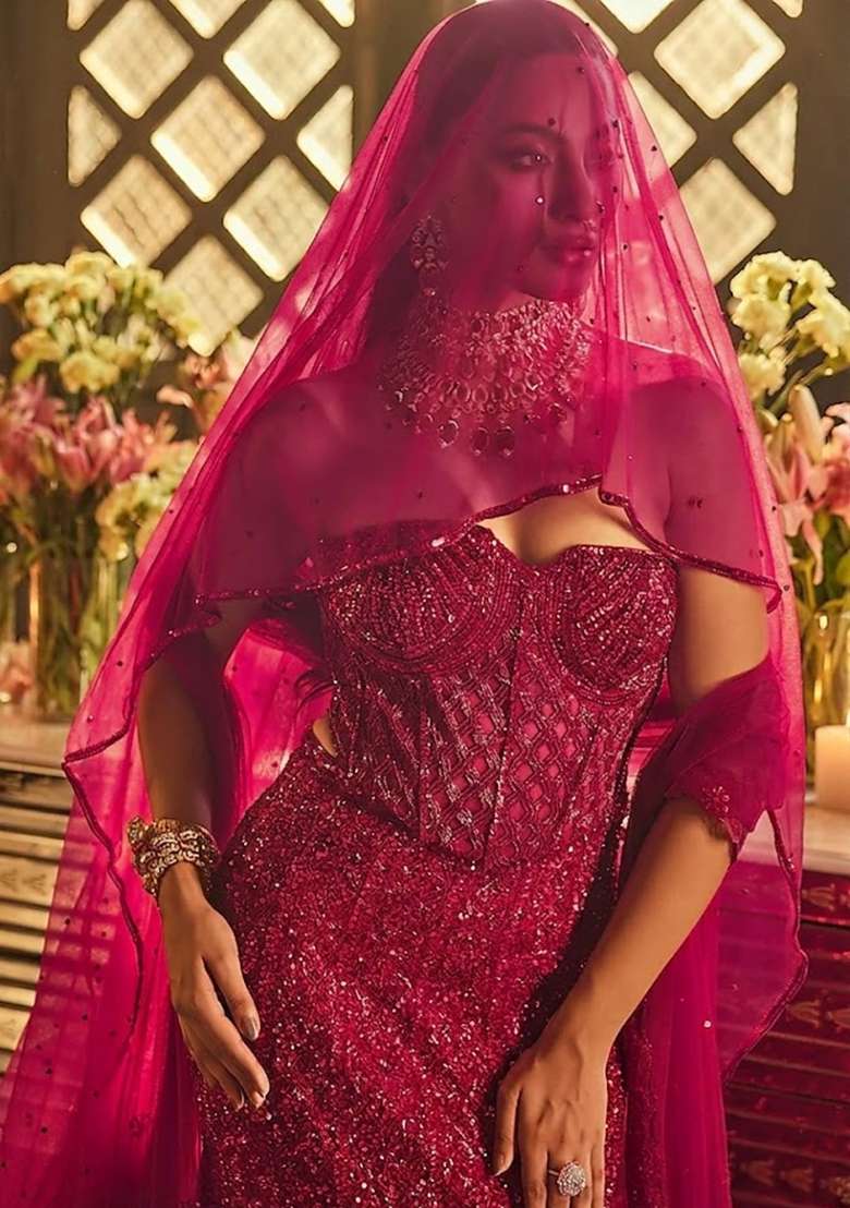 Magenta Embroidered Bridal Lehenga Set - Indya