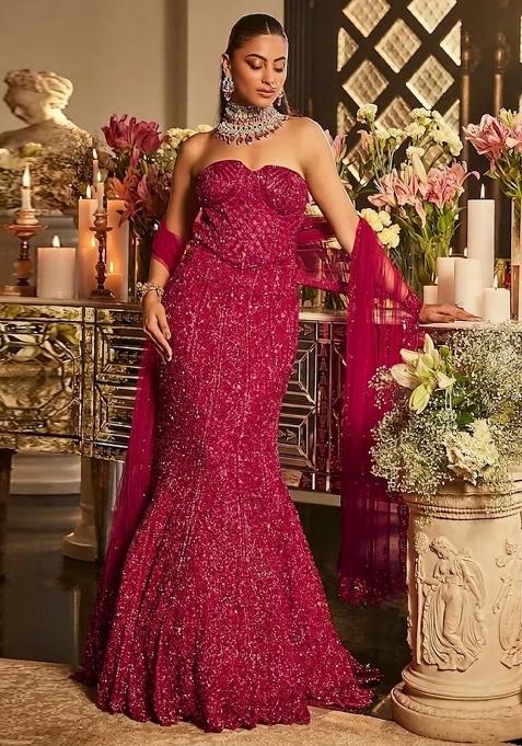 Magenta Embroidered Bridal Lehenga Set — view on Indya