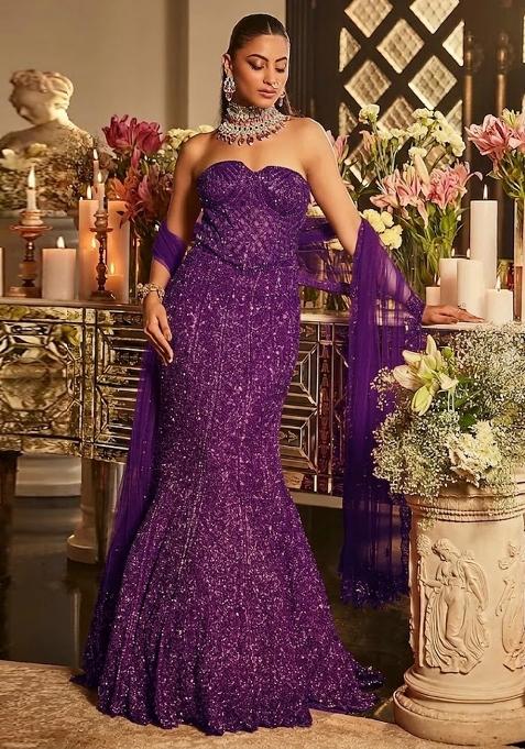 Purple Embroidered Bridal Lehenga Set — view on Indya