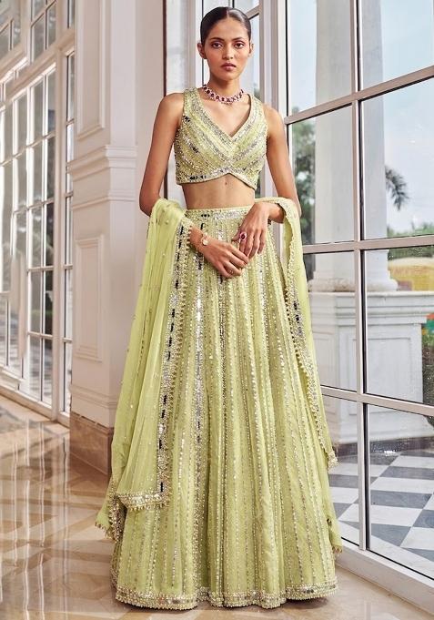 Pista Green Embroidered Bridal Lehenga Set — view on Indya