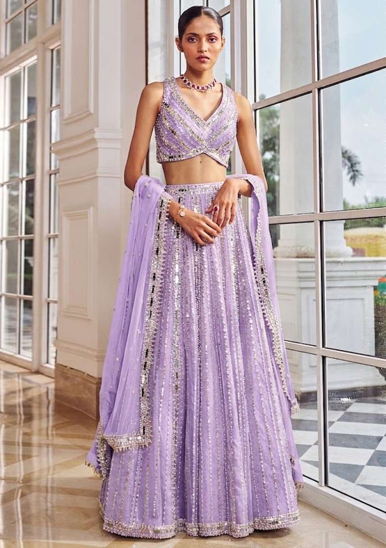 Lavender Embroidered Bridal Lehenga Set - Indya