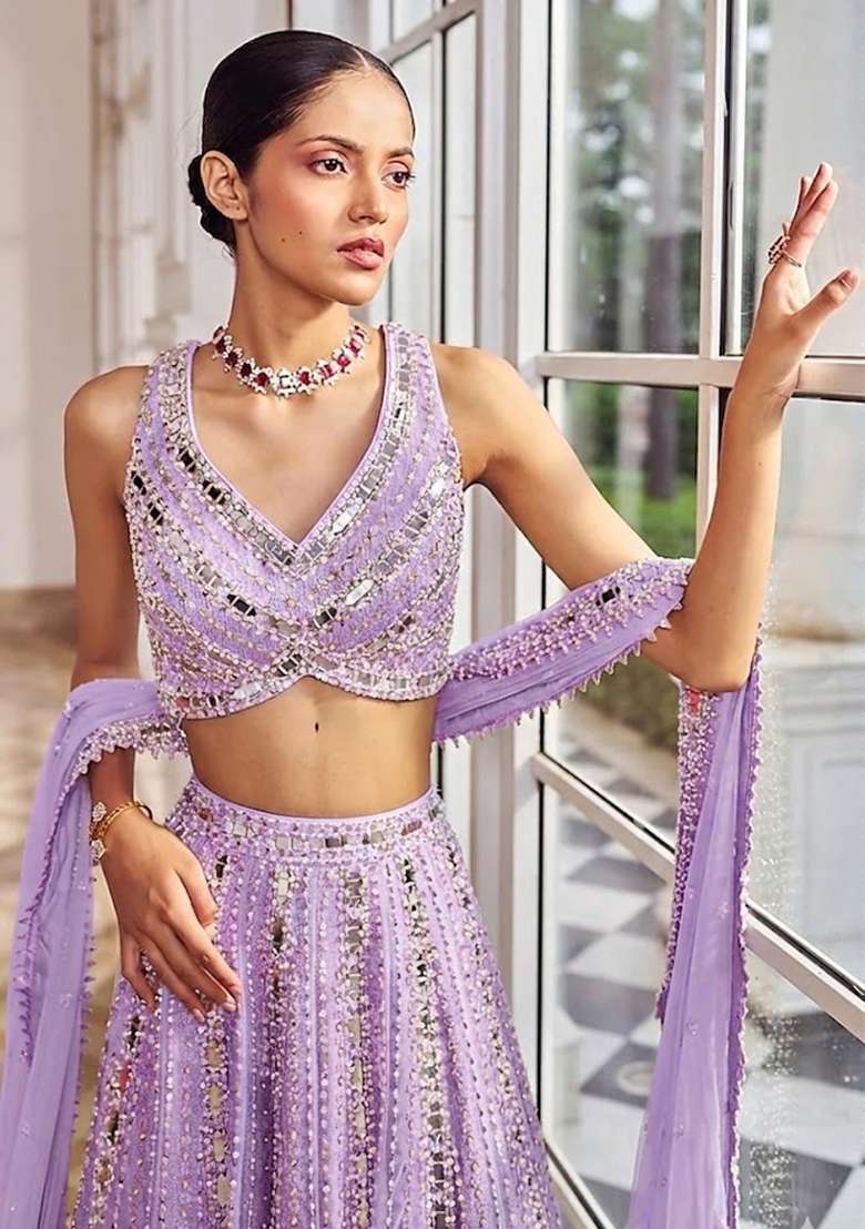 Lavender Embroidered Bridal Lehenga Set - Indya
