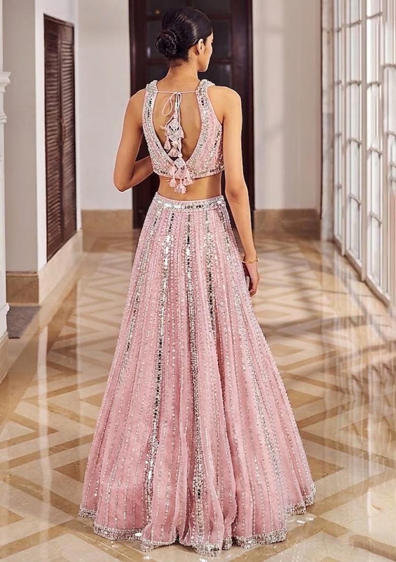 Light Pink Embroidered Bridal Lehenga Set - Indya