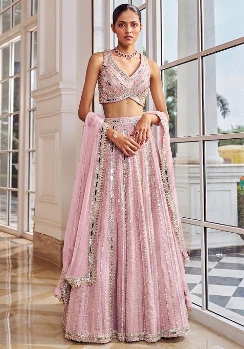 Light Pink Embroidered Bridal Lehenga Set — view on Indya