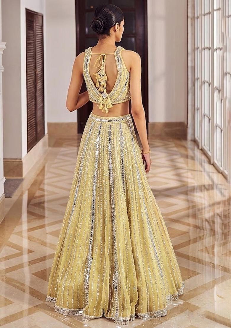 Light Yellow Embroidered Bridal Lehenga Set - Indya