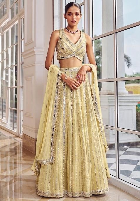 Light Yellow Embroidered Bridal Lehenga Set — view on Indya