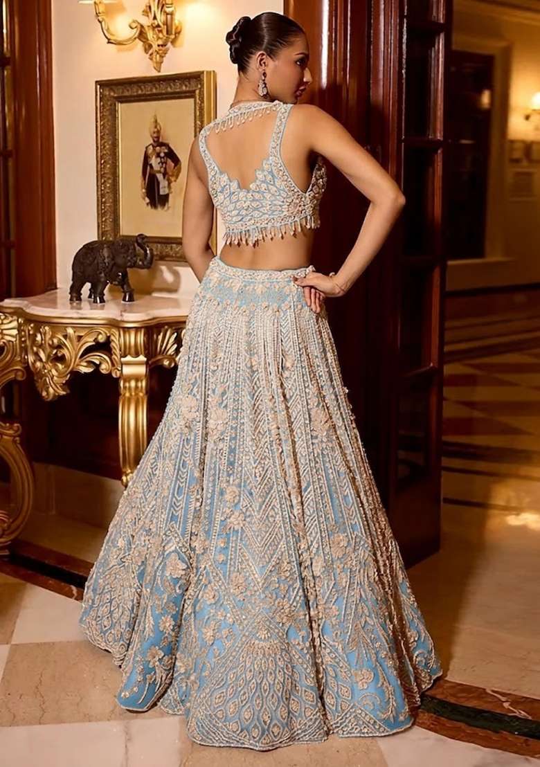 Powder Blue Embroidered Bridal Lehenga Set - Indya