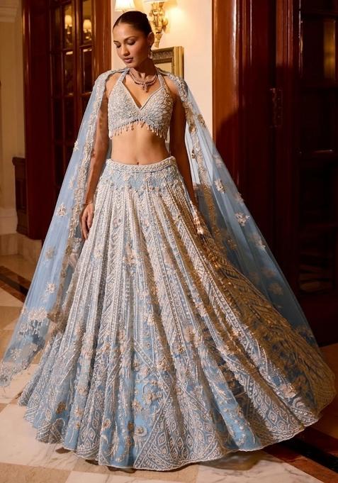 Powder Blue Embroidered Bridal Lehenga Set — view on Indya