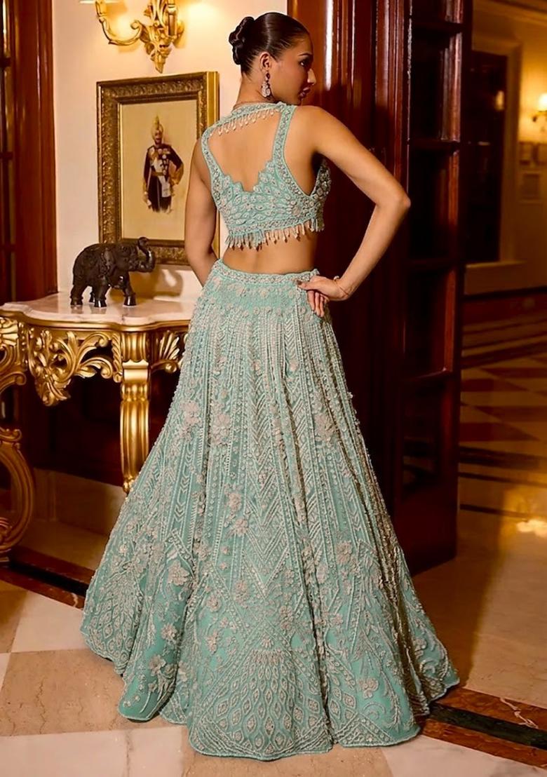 Sky Blue Embroidered Bridal Lehenga Set - Indya