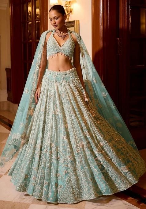 Sky Blue Embroidered Bridal Lehenga Set — view on Indya
