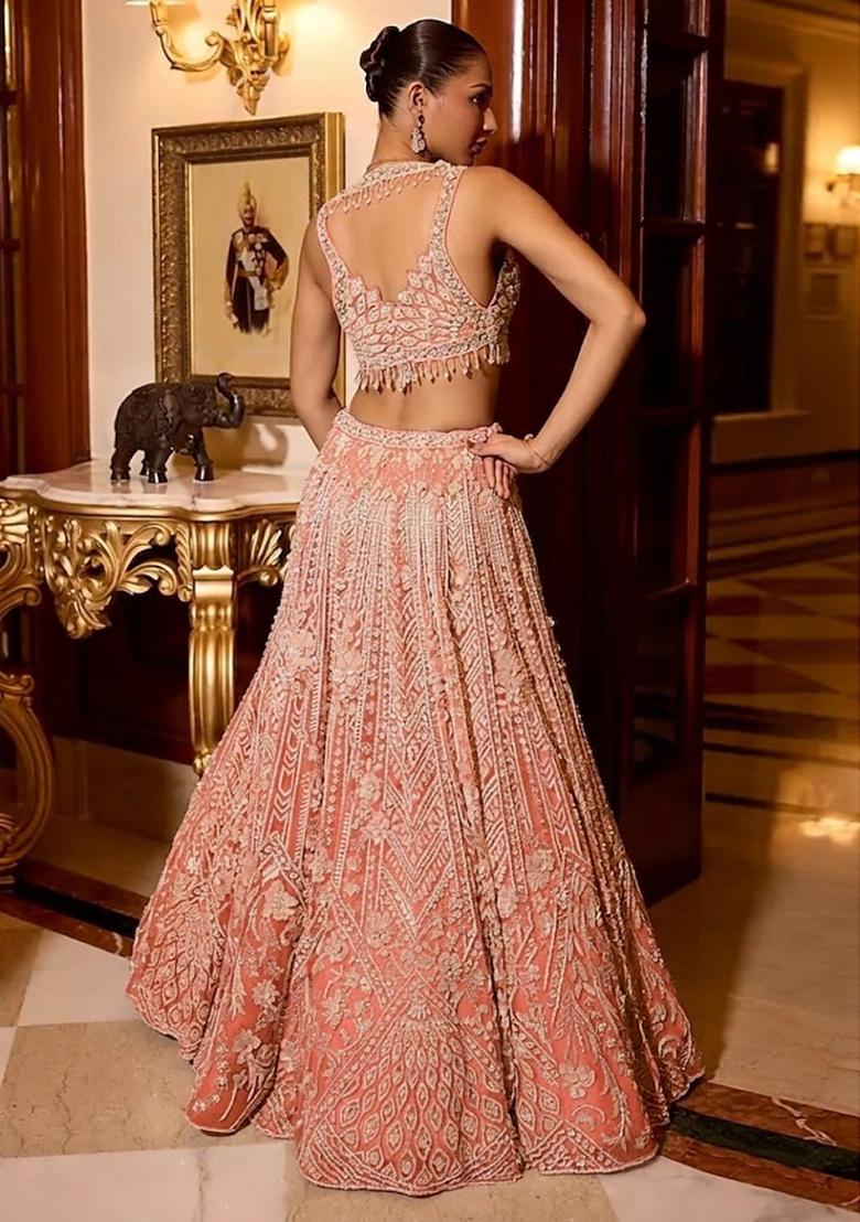 Peach Embroidered Bridal Lehenga Set - Indya