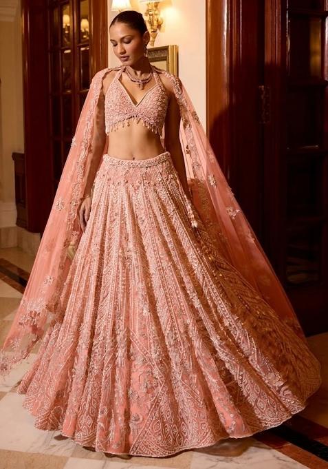 Peach Embroidered Bridal Lehenga Set — view on Indya