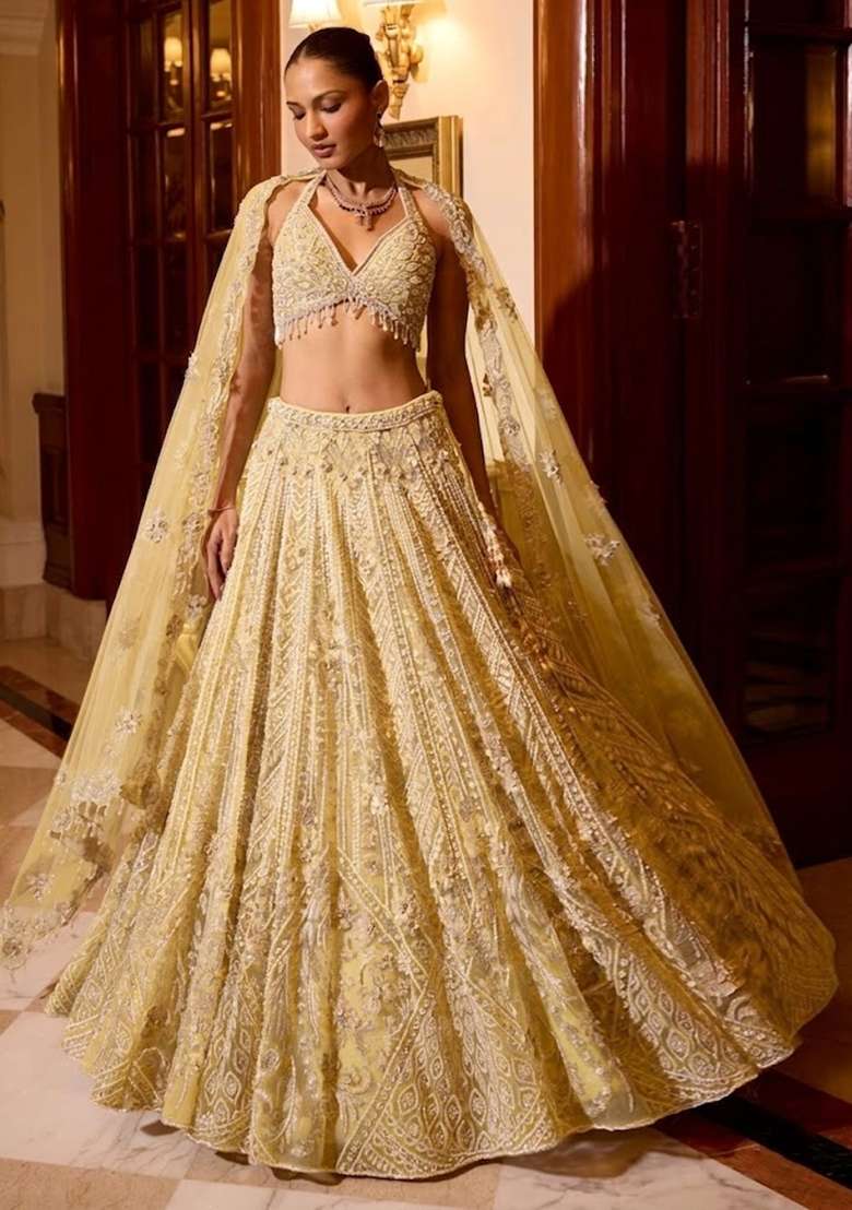 Light Yellow Embroidered Bridal Lehenga Set - Indya