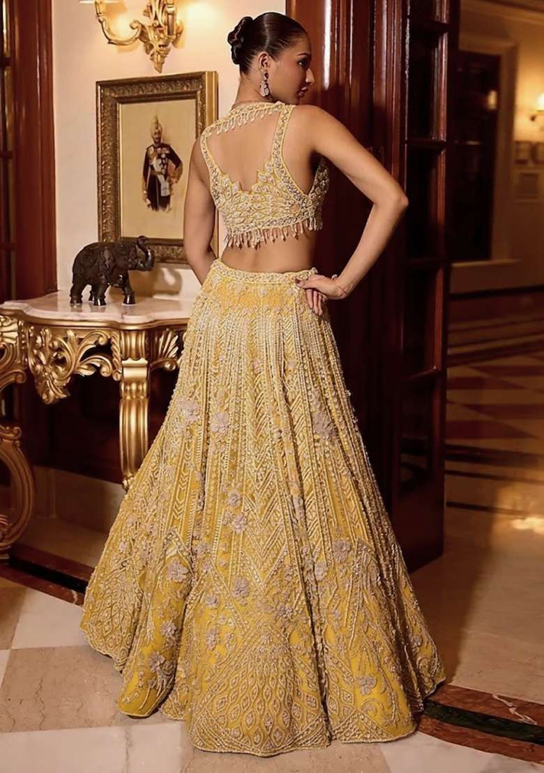 Light Yellow Embroidered Bridal Lehenga Set - Indya