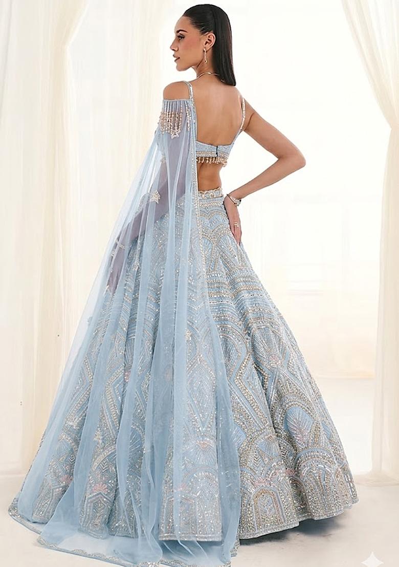 Ice Blue Embroidered Bridal Lehenga Set - Indya