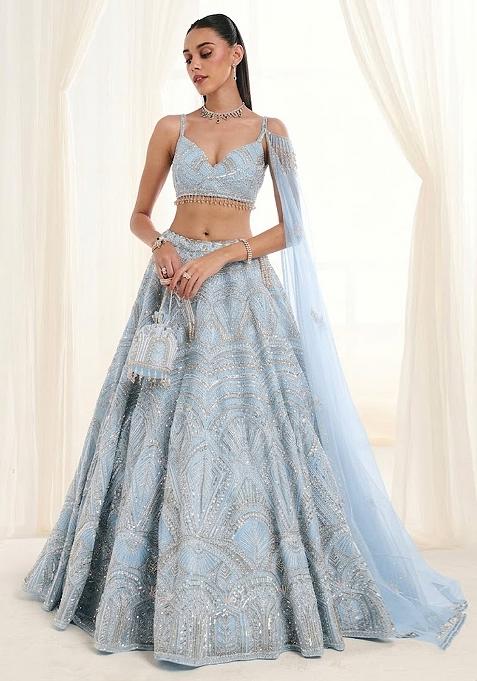 Ice Blue Embroidered Bridal Lehenga Set — view on Indya