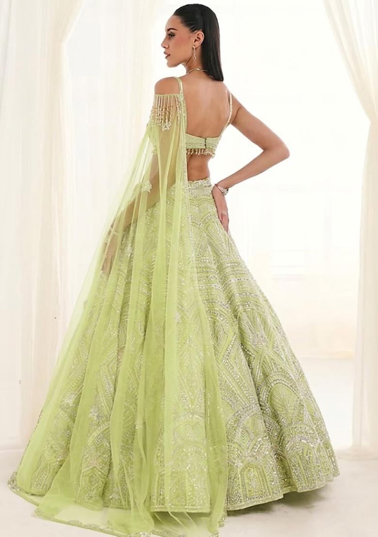 Light Green Embroidered Bridal Lehenga Set - Indya