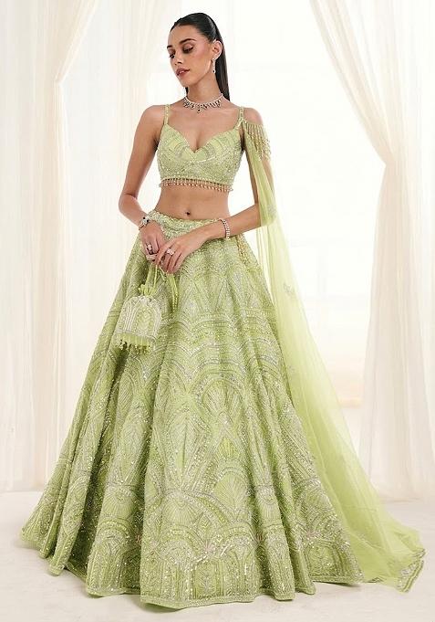 Light Green Embroidered Bridal Lehenga Set — view on Indya