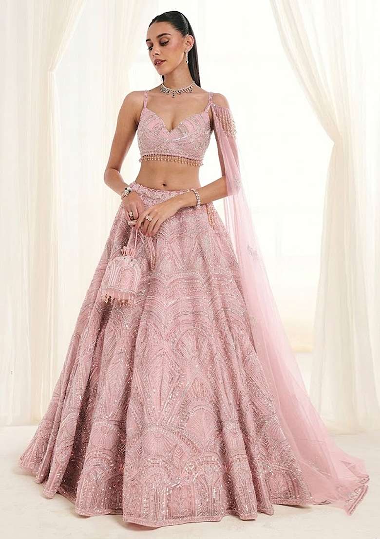 Light Pink Embroidered Bridal Lehenga Set - Indya