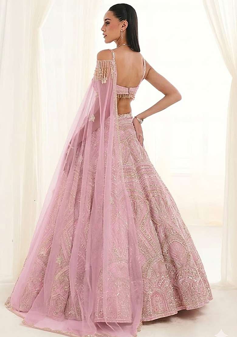 Light Pink Embroidered Bridal Lehenga Set - Indya
