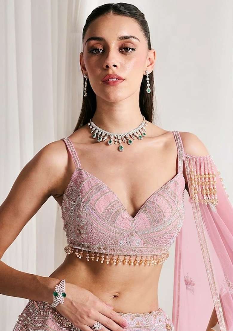 Light Pink Embroidered Bridal Lehenga Set - Indya