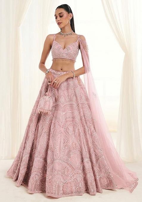 Light Pink Embroidered Bridal Lehenga Set — view on Indya