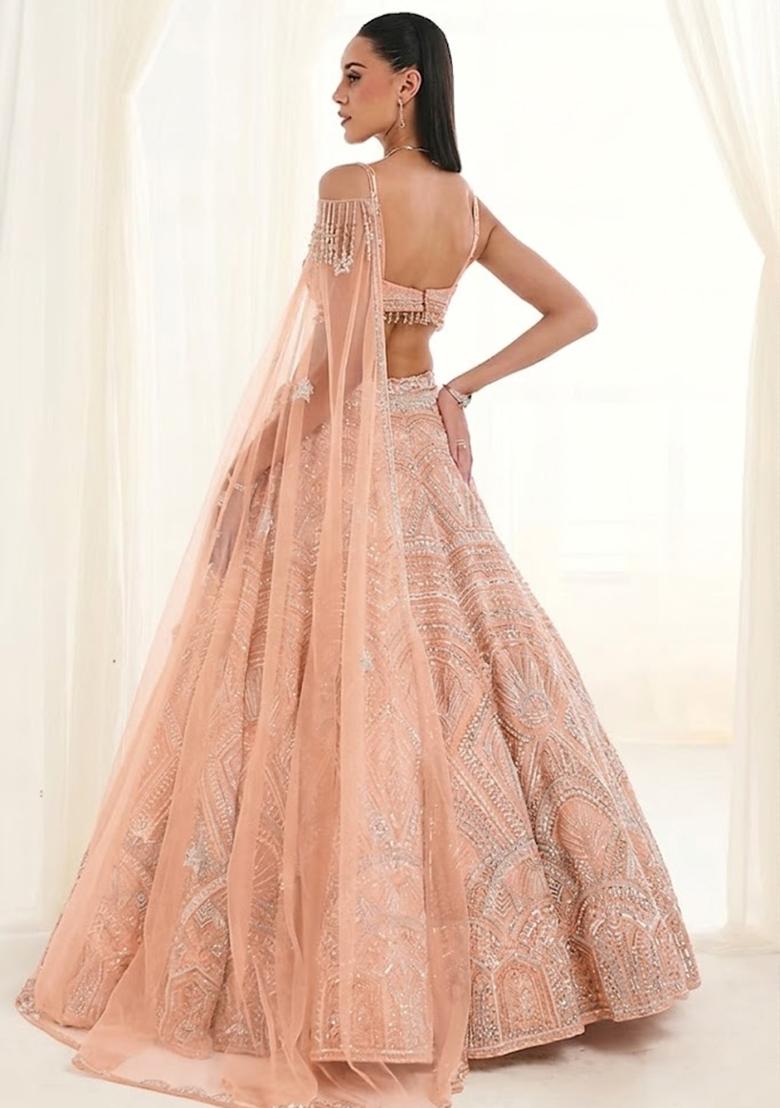 Peach Embroidered Bridal Lehenga Set - Indya