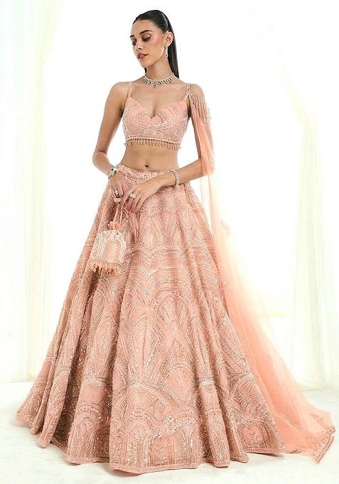 Peach Embroidered Bridal Lehenga Set — view on Indya