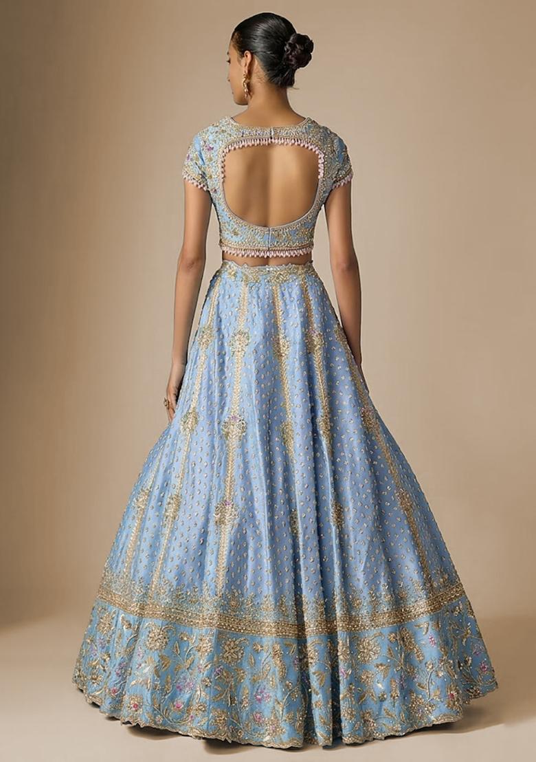 Sky Blue Embroidered Bridal Lehenga Set - Indya