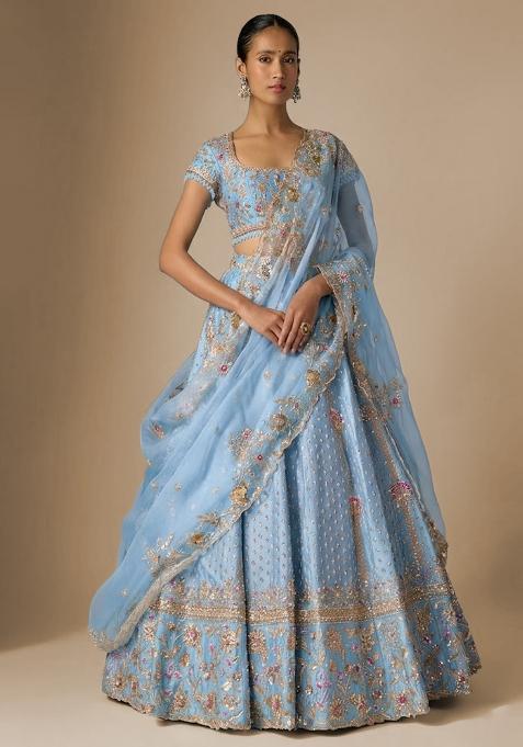 Sky Blue Embroidered Bridal Lehenga Set — view on Indya