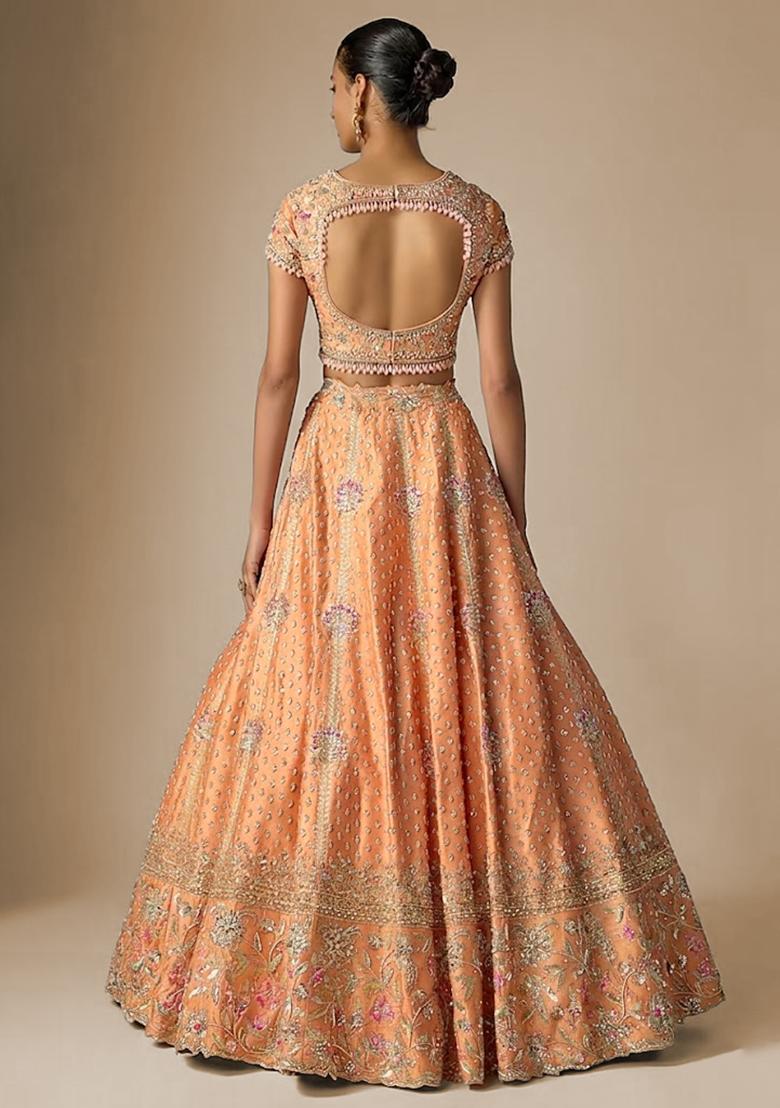 Peach Embroidered Bridal Lehenga Set - Indya