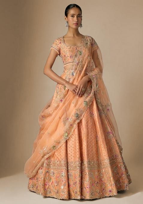 Peach Embroidered Bridal Lehenga Set — view on Indya