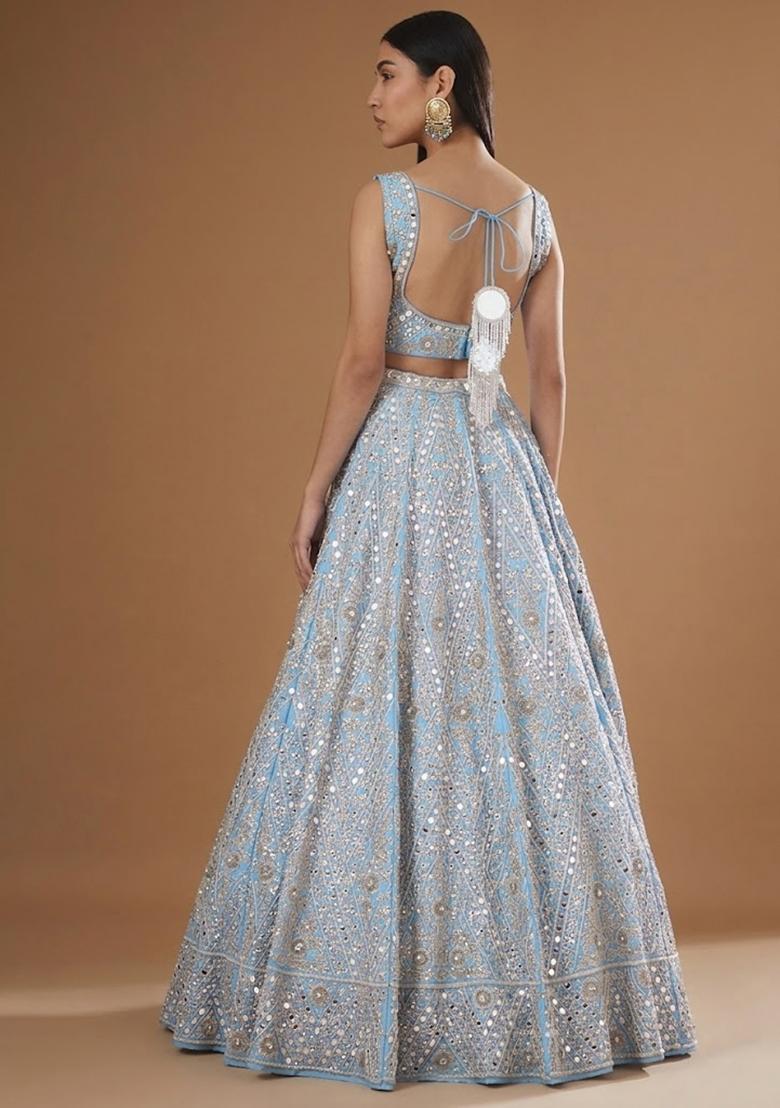 Powder Blue Embroidered Bridal Lehenga Set - Indya