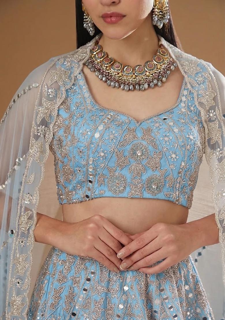 Powder Blue Embroidered Bridal Lehenga Set - Indya