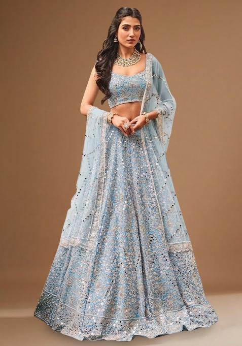 Powder Blue Embroidered Bridal Lehenga Set — view on Indya