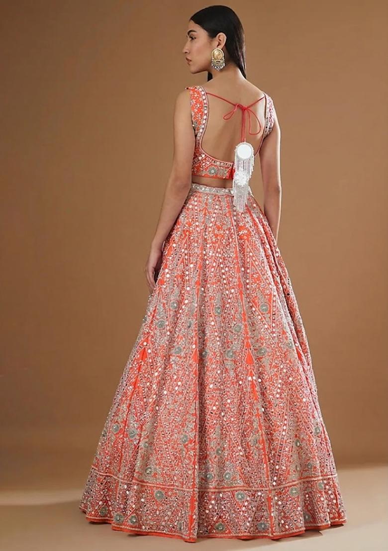 Orange Embroidered Bridal Lehenga Set - Indya