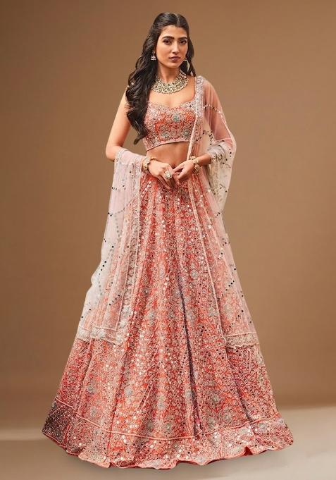 Orange Embroidered Bridal Lehenga Set — view on Indya