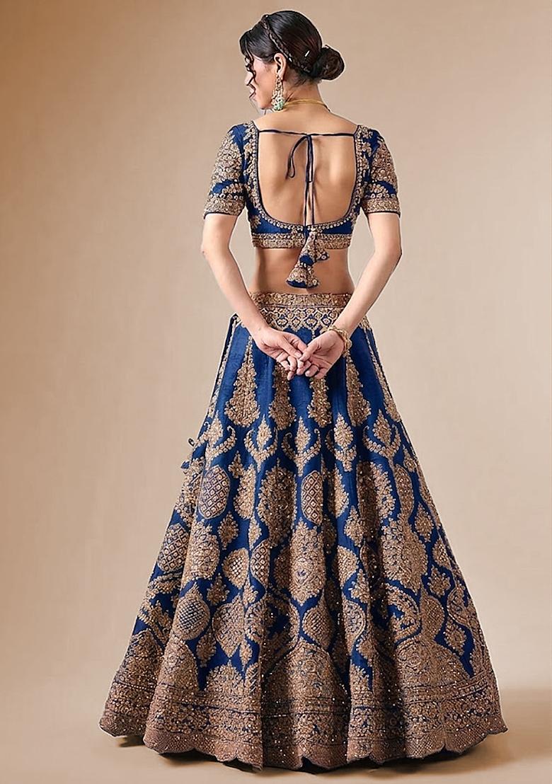 Royal Blue Embroidered Bridal Lehenga Set - Indya