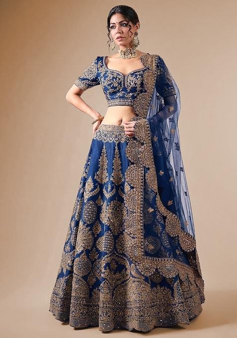 Royal Blue Embroidered Bridal Lehenga Set — view on Indya