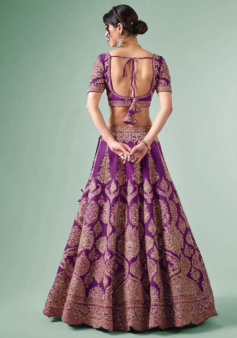 Purple Embroidered Bridal Lehenga Set - Indya