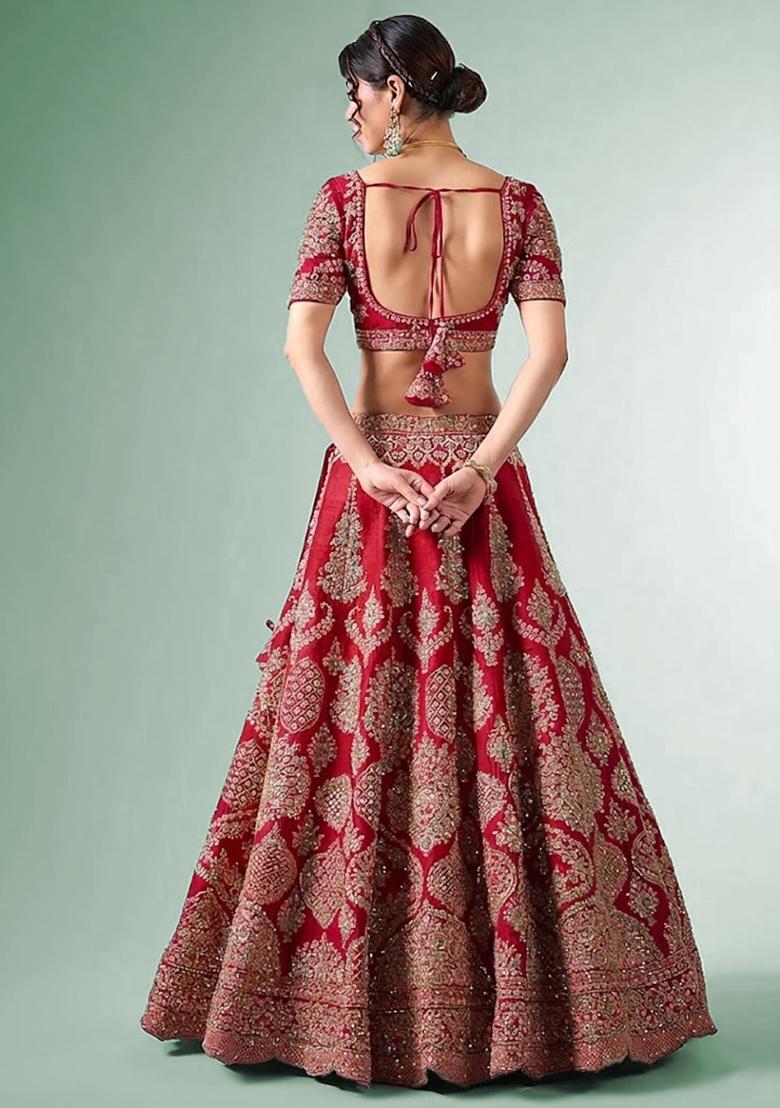 Red Embroidered Bridal Lehenga Set - Indya
