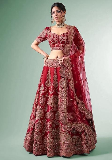 Red Embroidered Bridal Lehenga Set — view on Indya
