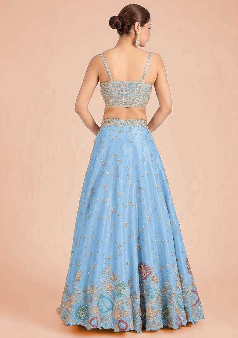 Sky Blue Embroidered Bridal Lehenga Set - Indya