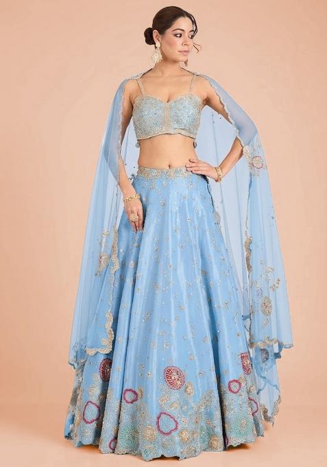 Sky Blue Embroidered Bridal Lehenga Set — view on Indya