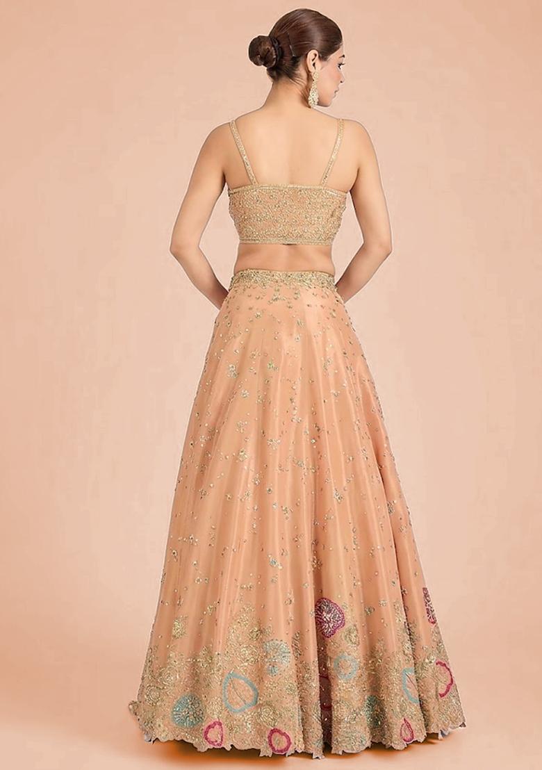 Peach Embroidered Bridal Lehenga Set - Indya