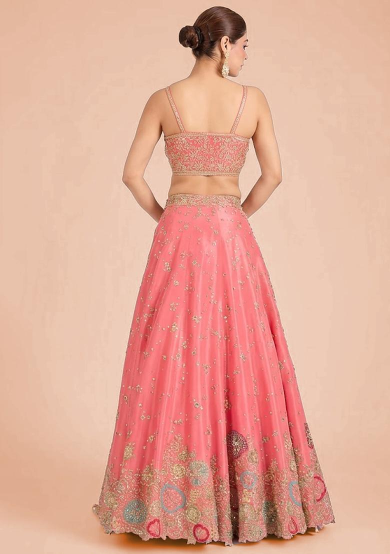 Light Pink Embroidered Bridal Lehenga Set - Indya