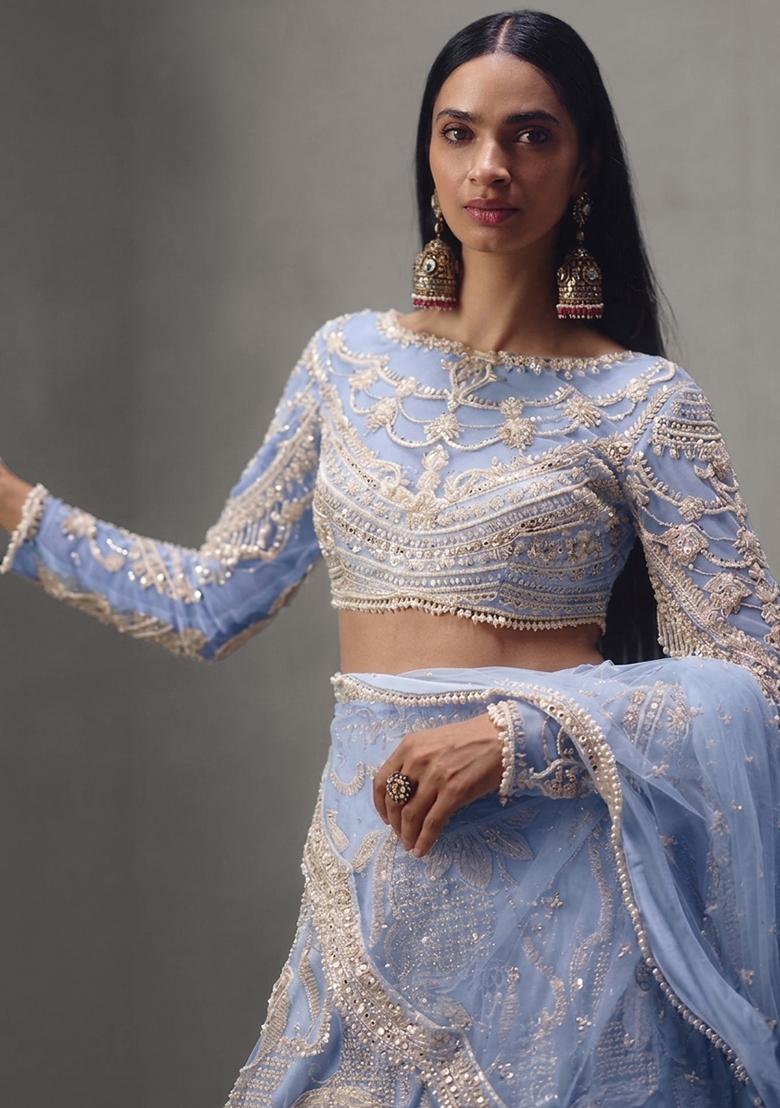 Powder Blue Embroidered Bridal Lehenga Set - Indya
